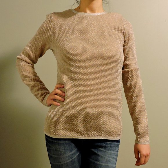 Club Monaco Beige Crewneck Merino Wool Sweater with Subtle Metallic Shimmer - Picture 3 of 8